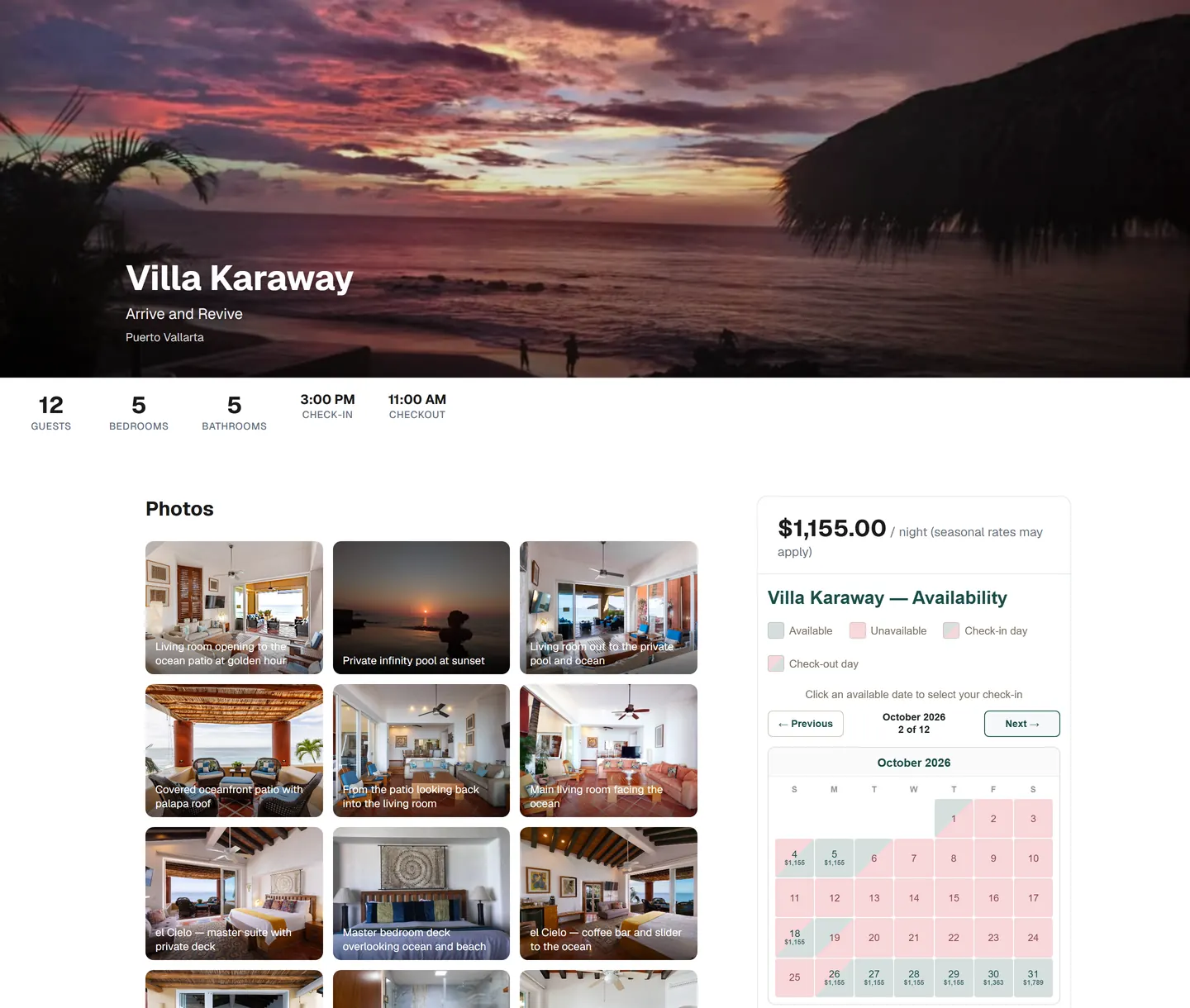 Villa Karaway's HostMoat booking site: a sunset photo header with the property name, guest and bedroom counts, a photo gallery, the nightly rate, and an October availability calendar with booked and open nights.